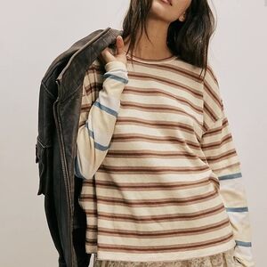 We The Free Striped Long Sleeve Tee - Cream and Brown
